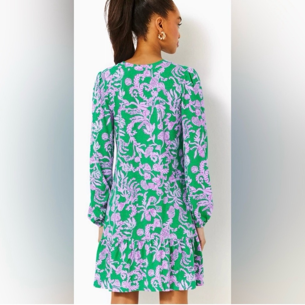 Lilly Pulitzer Alyssa A-Line Long Sleeve Dress in Brazilian Green Salty Sandbar - Picture 4 of 16